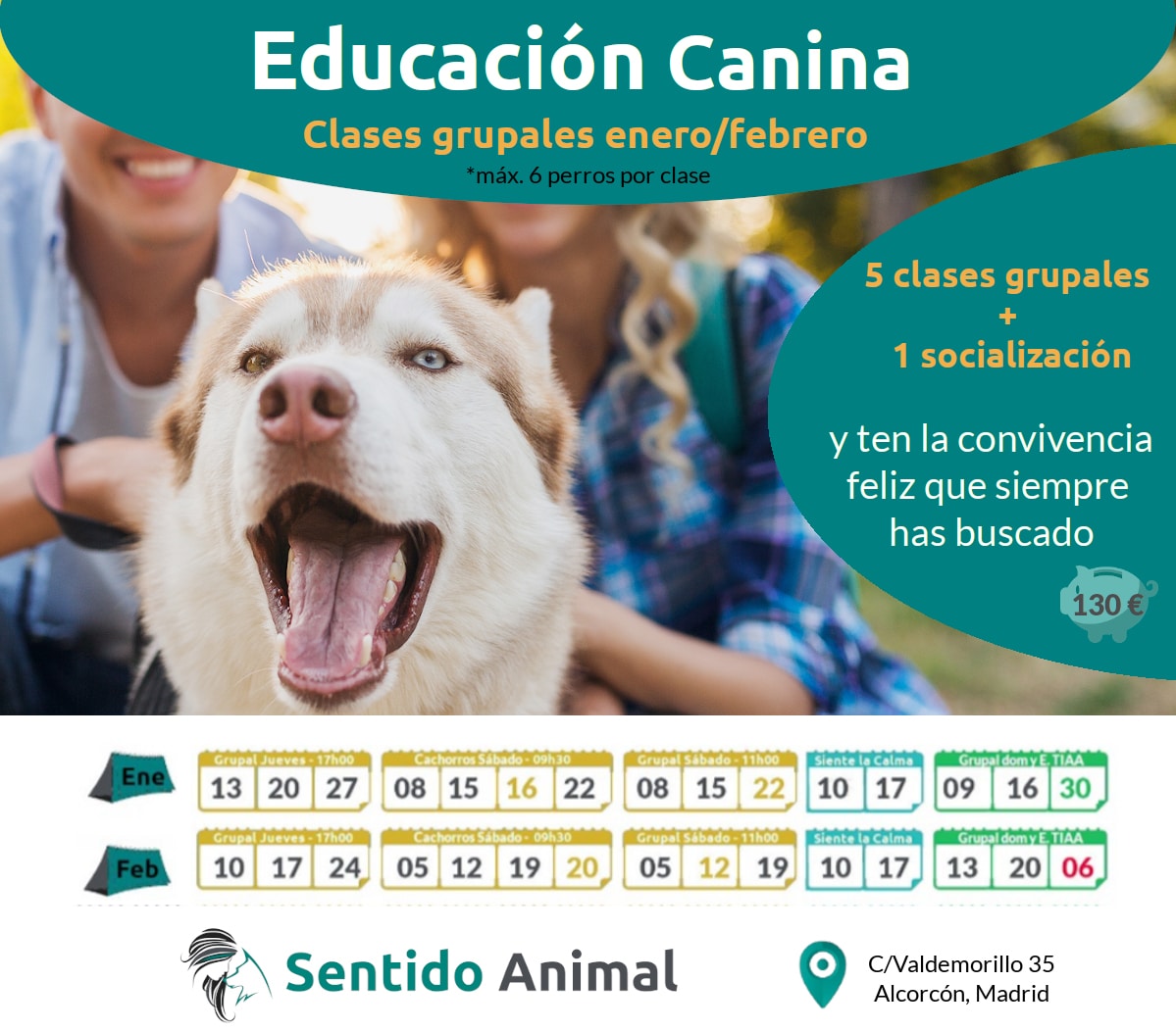 Calendario clases grupales de educación canina enero - ferbrero 2022