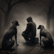 una persona en medio de dos perros sin comunicación, color sepia