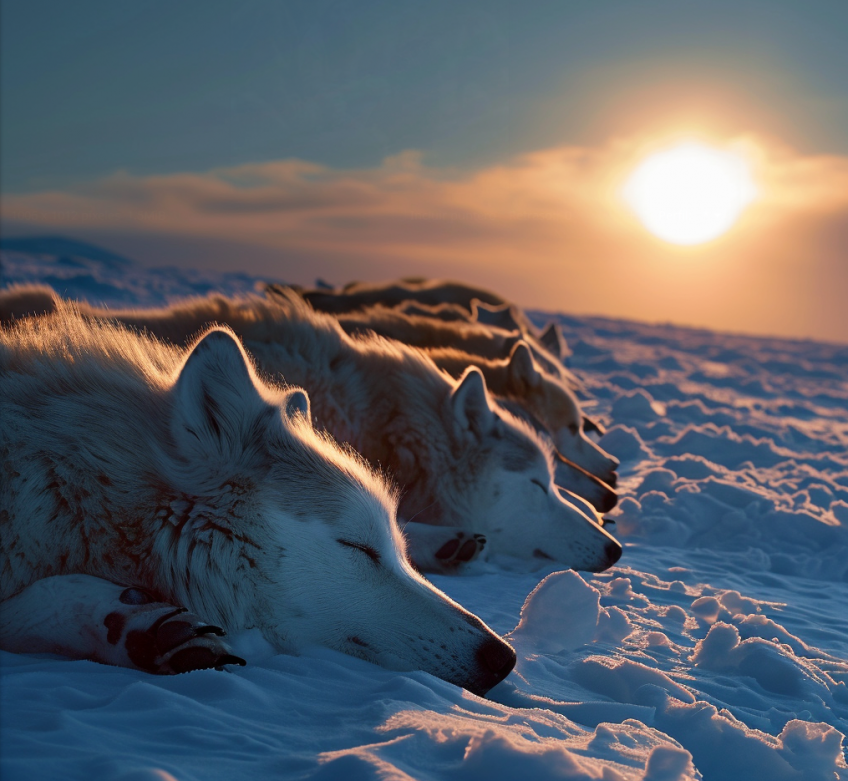 grupo de huskies al sol en la nieve
