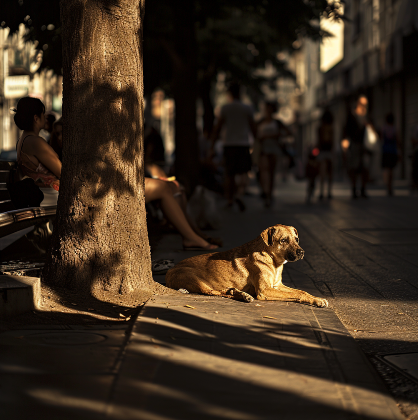 perro al sol mujer en un banco en el paseo - estimulación mental canina en el paseo