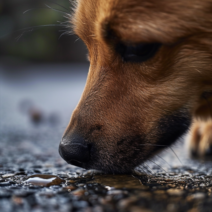 perro olfateando algo del suelo